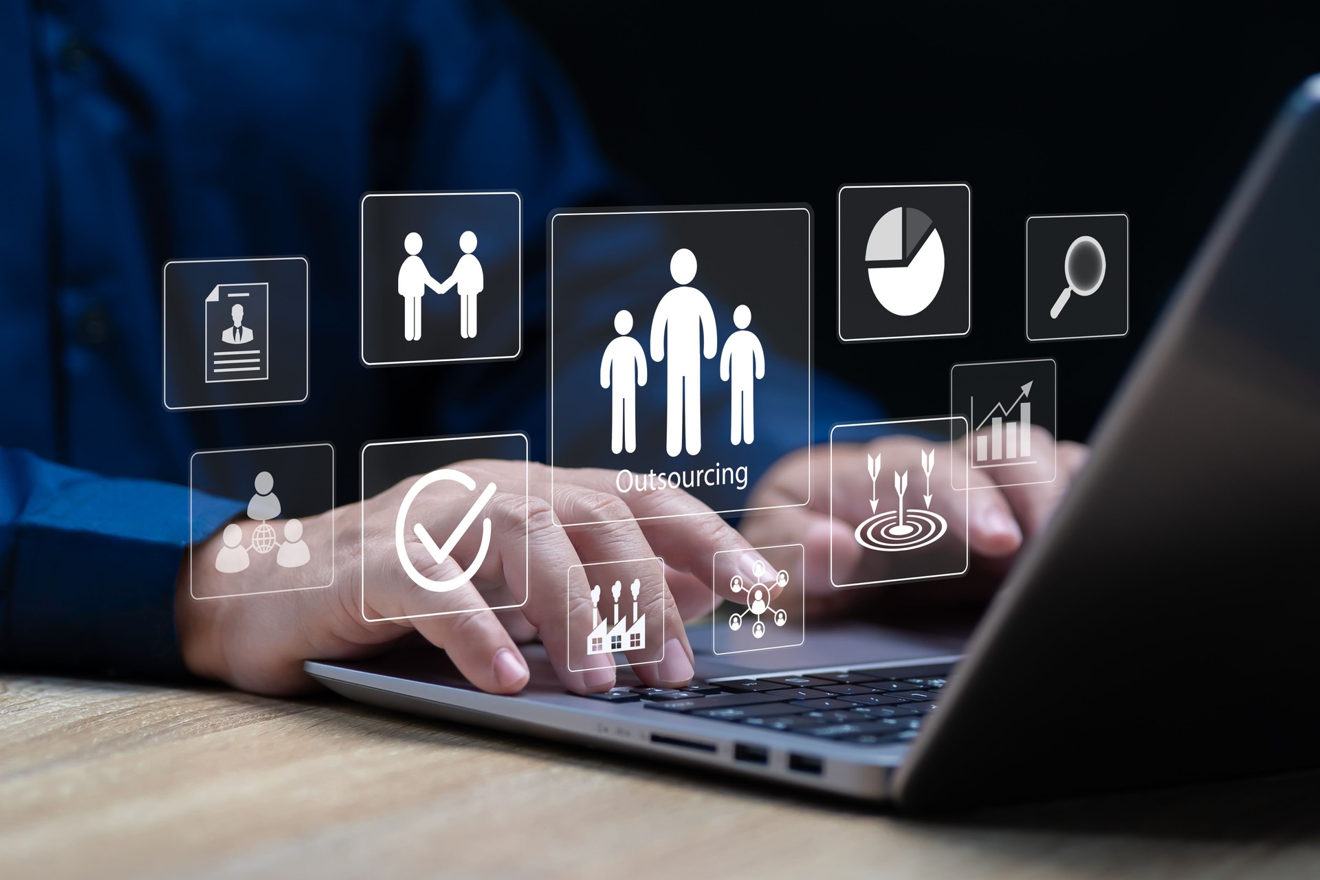 Outsourcing management, Hr, Human resources concept, Businessmen use laptop search HR and recruitment for business, outsourcing, Global recruitment for business work company, Specialized abilities